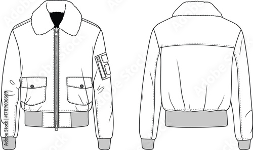 Modern bomber jacket CAD streetwear flat vector illustration, detailed fashion technical drawing, stylish outerwear design template with shearling collar