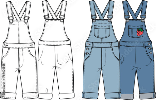 Modern denim overalls CAD streetwear flat vector illustration, kids fashion design, blue jean jumpsuit template