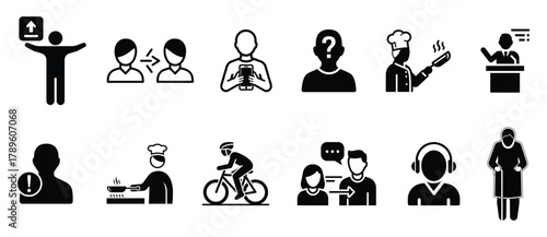 Collection of diverse silhouette icons representing various human activities and professions