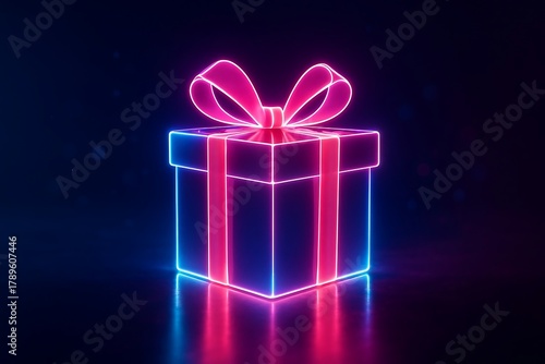 Futuristic Neon Gift Box Outline Glowing Pink and Blue on Dark Background
