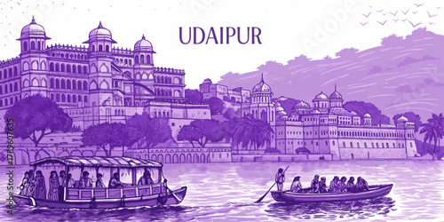 Udaipur Skyline Sketch with Lake Pichola, City Palace, Jag Mandir, and Monsoon Palace – Cultural Line Art for Travel Posters, Souvenirs, and Tourism Branding