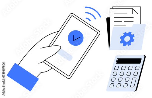 Hand using smartphone to approve payment, documents in folder, calculator for finance tasks. Ideal for fintech, digital tools, online transactions, accounting, data management, e-payments