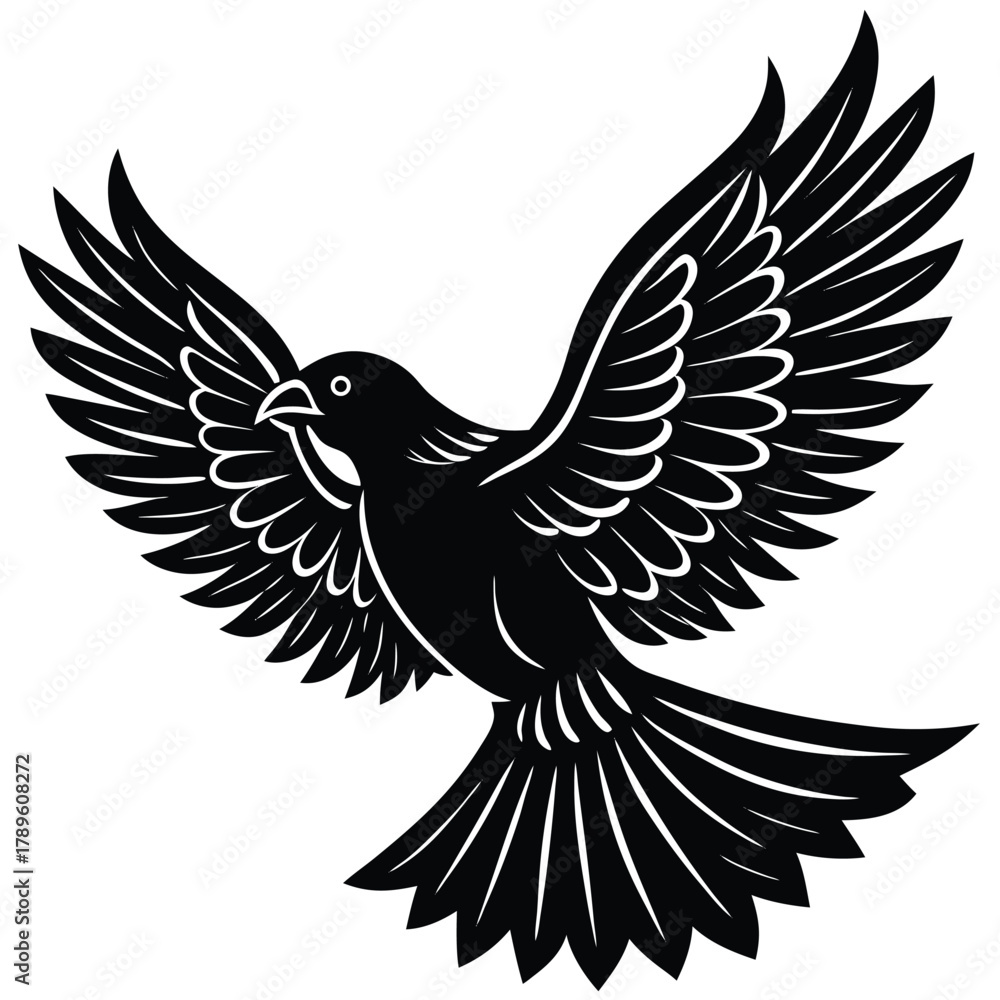 Fototapeta premium Stylized black bird with wings spread in flight graphic vector