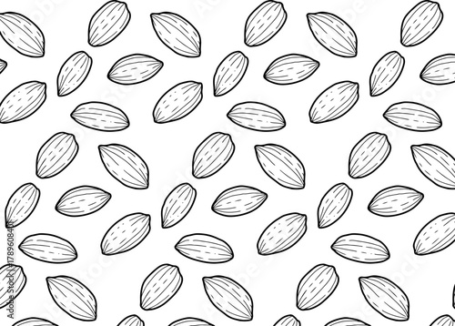 Seamless pattern of hand-drawn almonds scattered across a white background, creating a simple and elegant food-themed design.