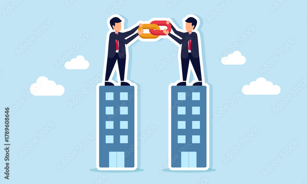 Fototapeta premium Two businessmen standing on top of a company building connected by a chain illustration of business collaboration with partners
