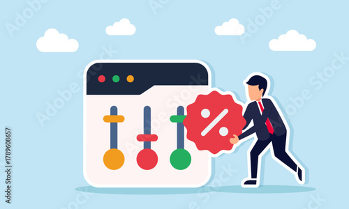 Businessman holding a discount icon near an app interface showing level adjustment or mixer illustration of adjusting prices for business promo strategy