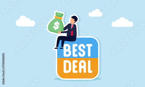 Businessman sitting on a box labeled Best Deal while holding a money bag illustration of profitable pricing to get goods from business suppliers