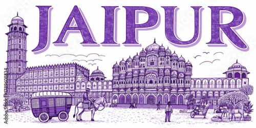 Jaipur Skyline Sketch with Amber Fort, Hawa Mahal, City Palace and Jal Mahal – Hand Drawn Cultural Art for Travel Poster, Souvenir and Tourism Branding