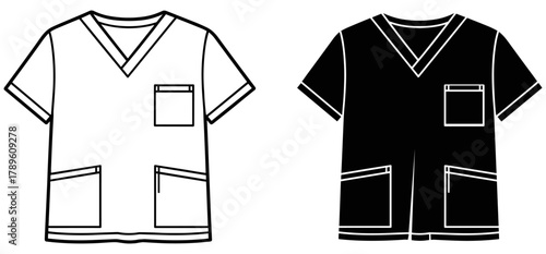 Scrub top illustration set in black and white line art showing V-neck medical uniform with pockets in two color variations