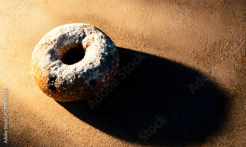 A minimalist composition featuring a single, tasty donut with a dusting of powdered sugar, illuminated by a warm light that creates a striking shadow on a simple brown background