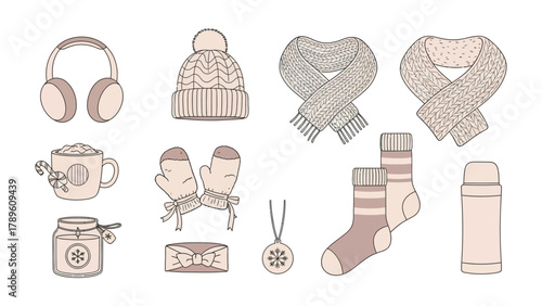 Winter Accessories Collection: A captivating collection of winter essentials including earmuffs, hat, scarves, mittens, coffee mug, socks, thermos, and decorative ornaments.