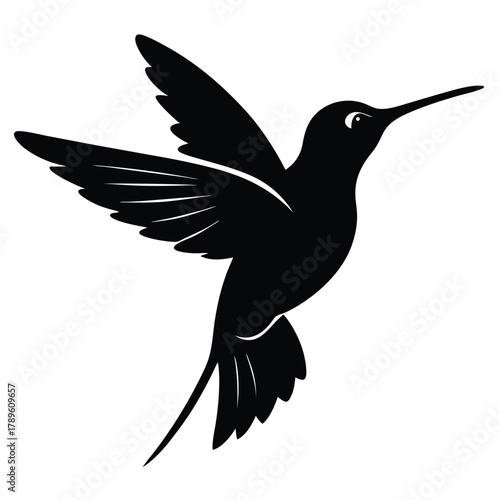 Stylized black hummingbird silhouette with wings spread flying