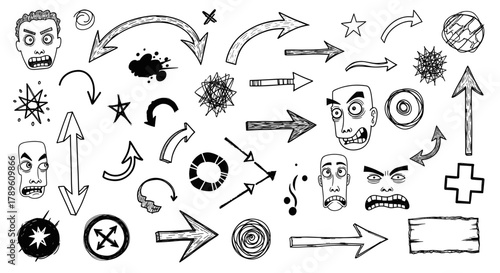 Hand-drawn sketchy doodle set with various arrows, angry faces, stars, and abstract symbols on a white background.