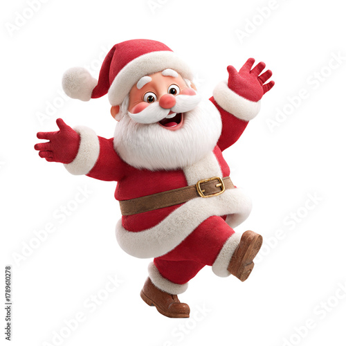 Friendly cartoon Santa Claus character waving hello in festive red Christmas costume showing welcoming holiday greeting and cheerful seasonal spirit in 3D illustration