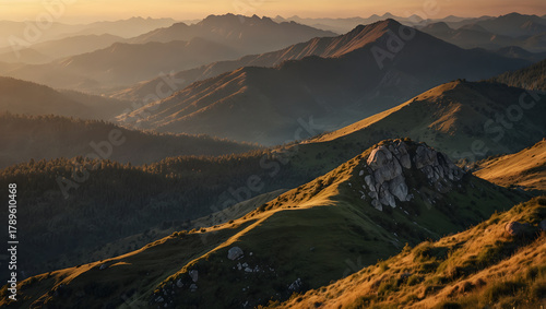 Majestic mountain range at sunrise, golden light illuminating lush green and dry grassy slopes with atmospheric haze.