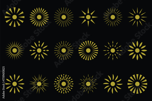 Sunburst, sun light ray. Vintage graphic set of light rays, sunburst and rays of sun. Star burst, light ray, sun ray, blast, shine, beam, glow, fire works classic vintage retro set. eps 10