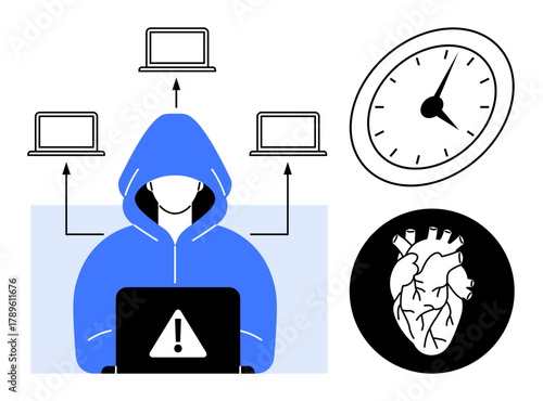 Hooded hacker using a laptop with alert icon, multiple laptops interconnected, clock indicating urgency, and anatomical heart symbolizing vulnerability. Ideal for data protection, hacking, time