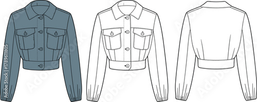 Cropped jacket fashion sketch, technical illustration, front and back view, buttoned chest pockets, gathered cuffs, pointed collar, garment design