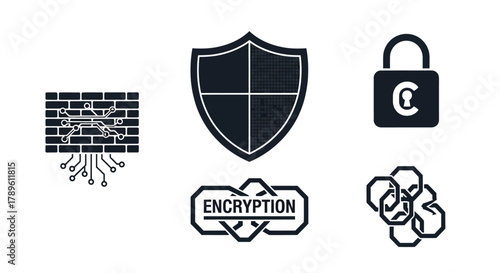 Set of security icons featuring a firewall shield and encryption simple flat vector design element for web and mobile apps isolated on white background