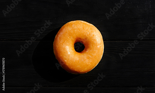 A delicious, glistening, glazed donut sits atop a dark, textured wooden surface, casting a subtle shadow, invitingly presented for a sweet treat