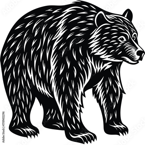 Stylized illustration of a powerful grizzly bear standing, side profile.