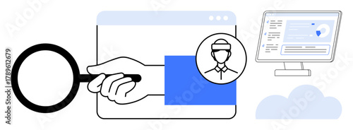Magnifying glass over a user profile, hand highlighting segment on browser, computer screen with data. Ideal for user identification, profile analysis, online security, research, digital access, web