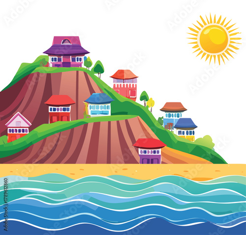 Charming coastal village scene with colorful houses perched on hillside overlooking beach and ocean, perfect for travel blogs or vacation brochures