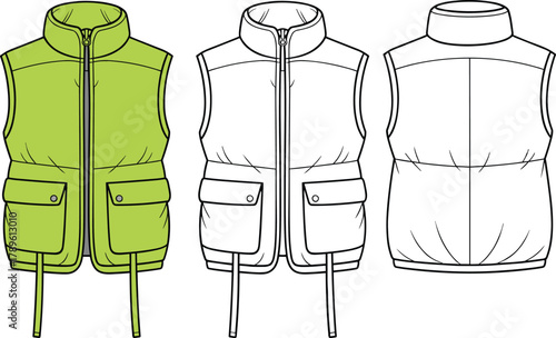 Sleeveless padded vest sketch, high collar zipper vest, fashion design template, green black white vest, apparel flat illustration, garment drawing