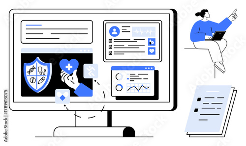 Monitor displaying health metrics, user profile, and insurance details. Female figure reviewing data on a tablet. Documents stacked nearby. Ideal for healthcare, insurance, analysis, technology