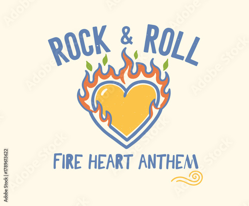 Rock Roll Flaming Heart Design.Vintage Music Anthem Graphic.Retro Textured T-shirt Print.Fire Heart Rock Emblem.Passionate Music Festival Badge