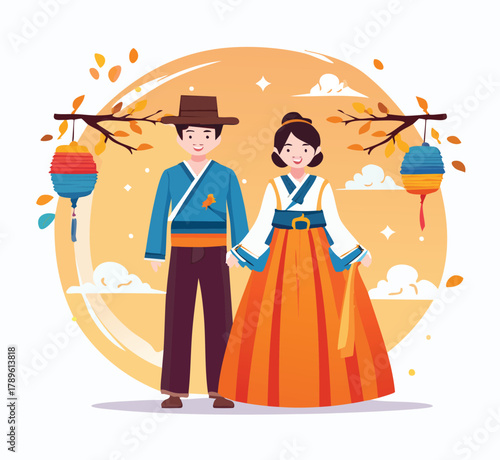 Celebrate Chuseok with a happy Korean couple in traditional Hanbok, enjoying the Mid-Autumn Festival with lanterns and warm wishes for a bountiful harvest