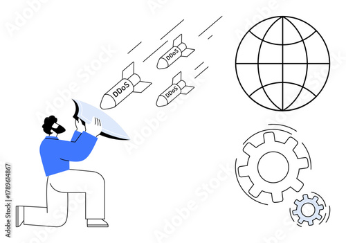 Person defends systems with shield from DDoS missiles aimed at internet and gears. Ideal for cybersecurity, data protection, internet safety, IT defense, online threats, technological risks, simple