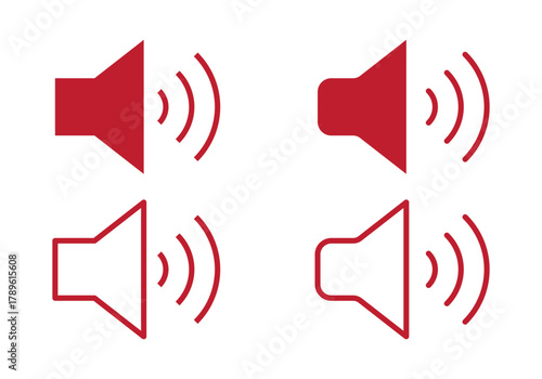 Volume and sound level icon set, speaker audio symbols, sound wave increasing, loudspeaker vector illustration, media control icons, sound adjustment graphics, black and white minimal design