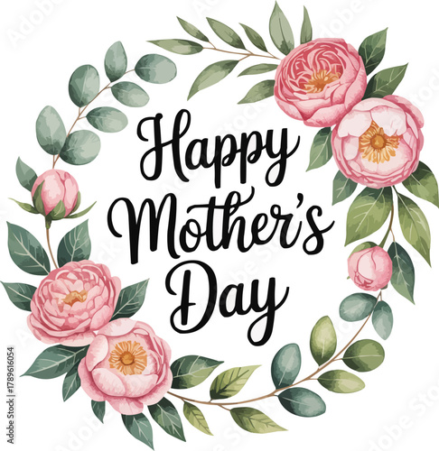 Delicate floral wreath for Mother's Day celebration with pink peonies and greenery, perfect for cards and invitations with a loving springtime feel