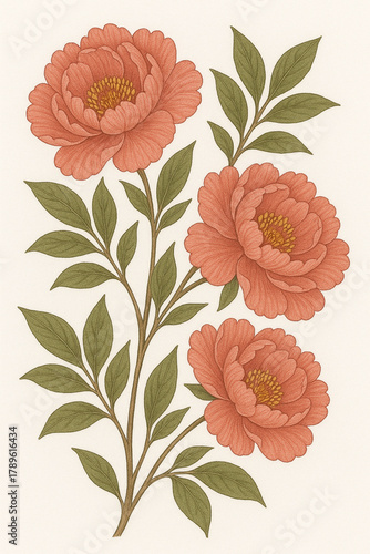 Vector Illustration of Coral Peony Flowers
