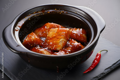 Savory braised pork belly in a rustic clay pot with chili