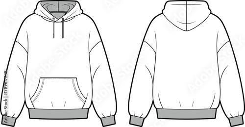 Oversized hooded sweatshirt front and back view, blank pullover hoodie template with kangaroo pocket,  technical fashion flat cad vector