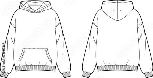 Oversized hoodie sweatshirt technical flat, front and back blank garment template, clean fashion CAD, professional apparel spec illustration