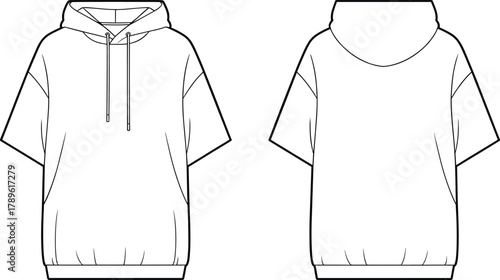 Oversized short sleeve hoodie flat cad drawing, front and back technical fashion template
