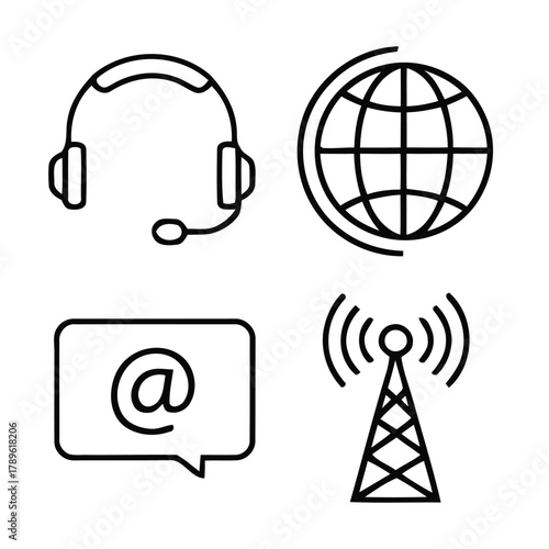 Set of four communication and technology icons including headphones globe email and antenna
