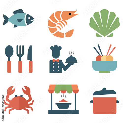 Colorful Flat Icon Set for Seafood, Restaurant, and Catering Service, Food Industry Collection