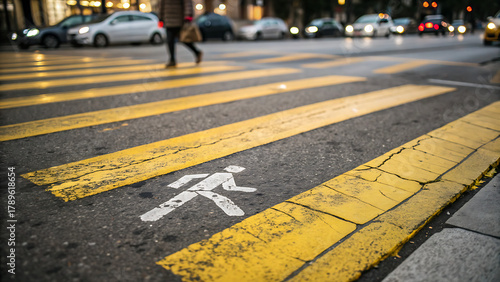  pedestrian crossing street A pedestrian crossing marked with broad yellow stripes on asphalt featuring a figure symbol low angle close up shot bokeh