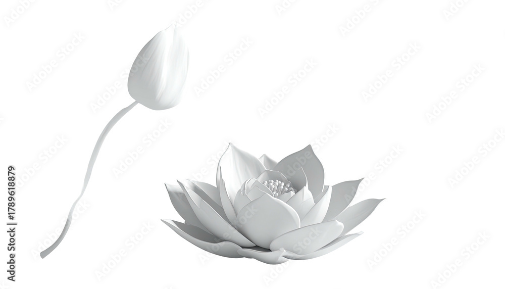 Fototapeta premium Two white lotus flowers, one blooming, isolated on black