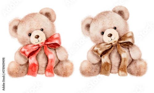 Hand painted watercolor teddy bear with red and brown ribbon bow. Cute soft toy illustration perfect for baby shower cards, children prints, nursery posters, fabric patterns, and holiday gift design