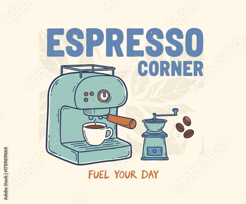 Espresso Corner Print Design.Vintage Coffee Machine Art.Retro Espresso Maker Badge.Hand Drawn Cafe Graphic.Coffee Grinder Illustration