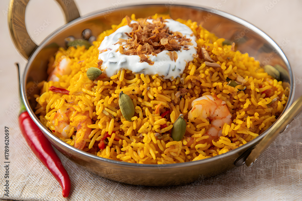 Fototapeta premium Delicious seafood paella with shrimp and fried onions