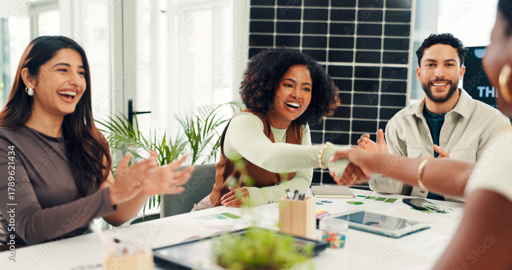 Fototapeta premium Solar panel, shaking hands or team in office with clap, success or approval of sustainable project. Applause, tech or investor in agency with handshake, agreement or deal for photovoltaic grid pitch.