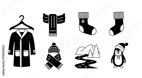 Winter Gear Line Art Warm Clothing and Holiday Elements