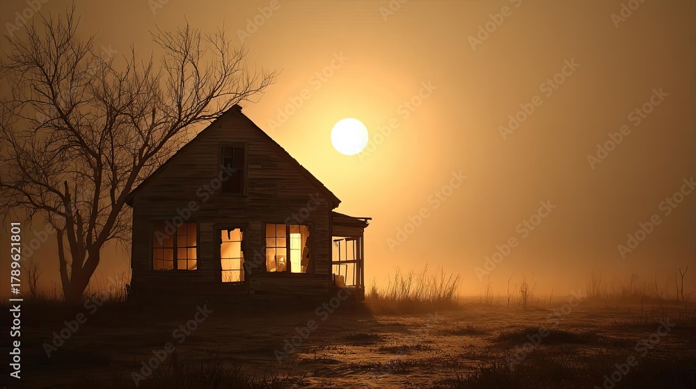 Naklejka premium Epic spooky night with full moon misty sky concept. A haunting old house silhouetted by a setting sun in foggy atmosphere.