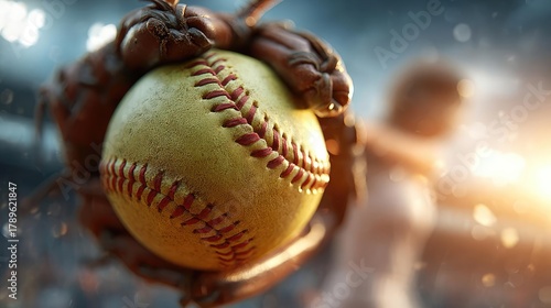 Softball pitcher hand releasing fastball concept. Dynamic action shot of a softball in motion by a player.